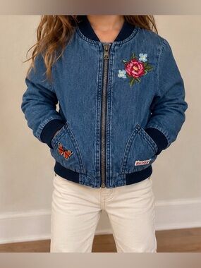 Hudson Jeans Girl’s Jean Jacket Boho Coat Embroidered Patches Kid Floral Vintage